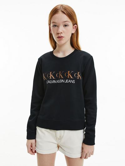 Calvin Klein Ruhák HU216134 | Calvin Klein Organic Cotton Metallic Logo Lány Pulóver Fekete